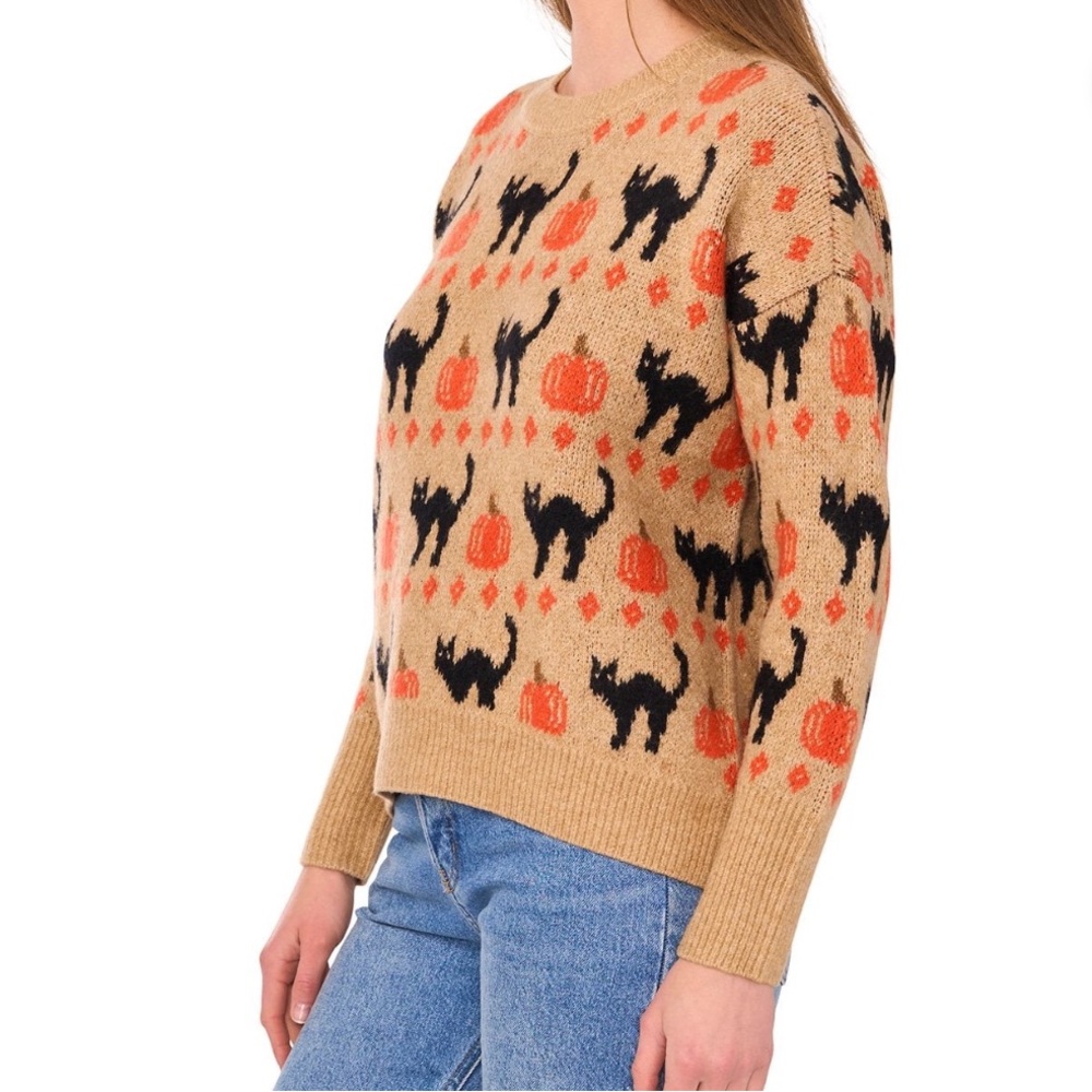 Vince Camuto Tan Sweater with Black Cats and Orange‎ Pumpkins - Picture 2 of 3